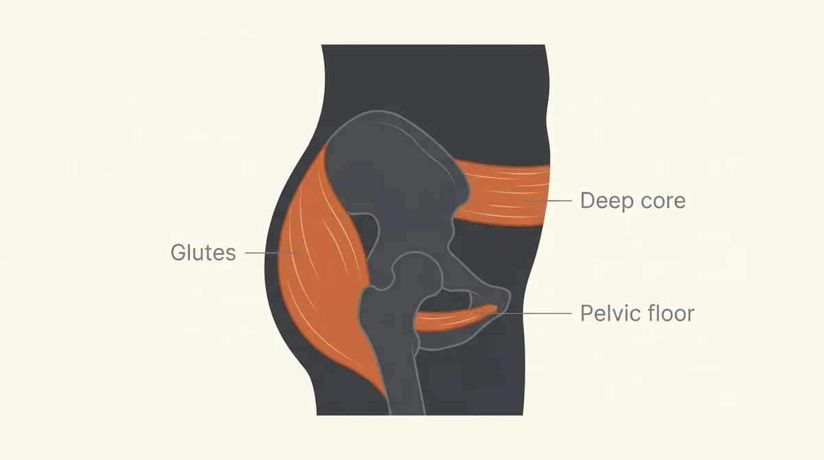 Illustration: glutes, deep core and pelvic floor connected as one muscle chain