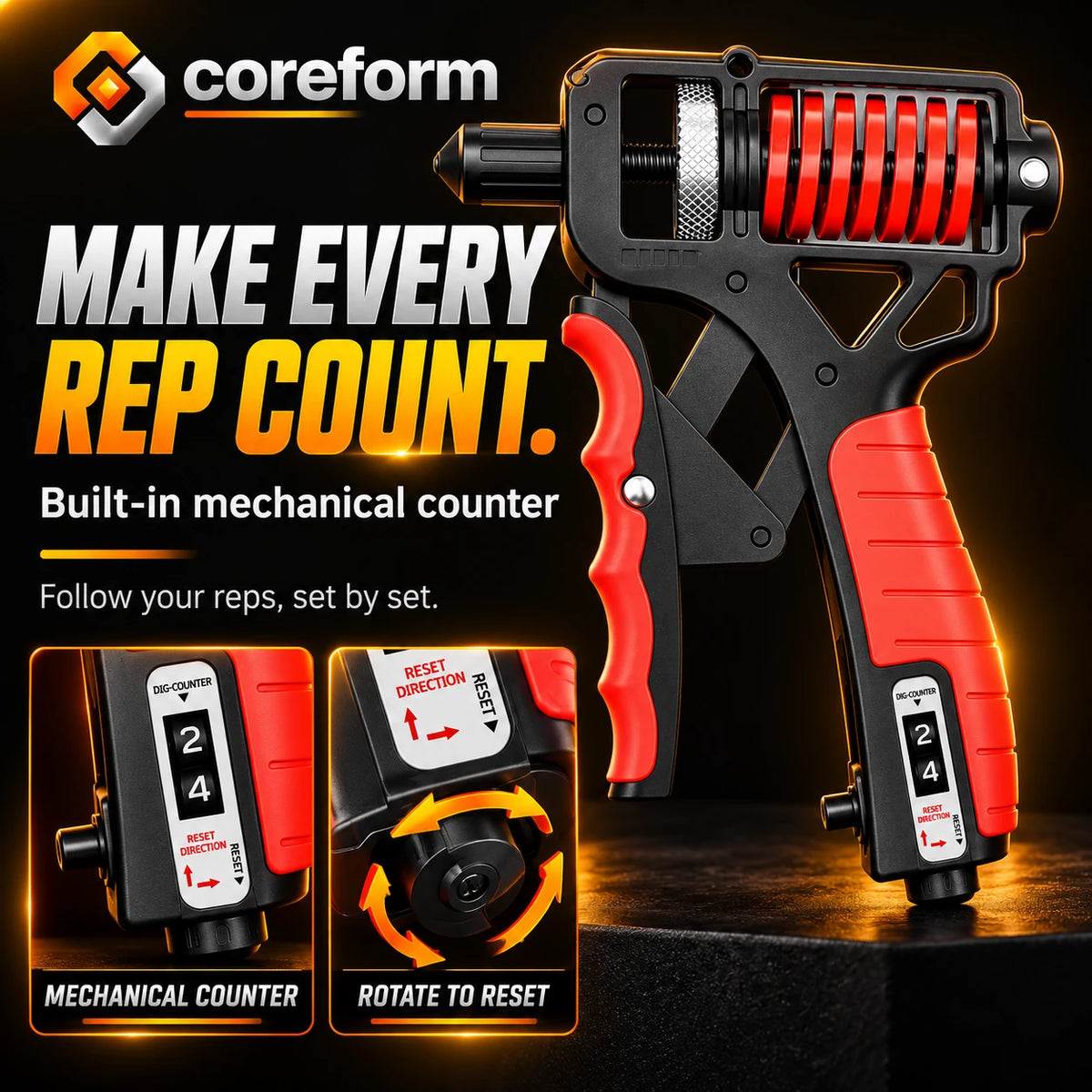 CoreForm Grip Trainer™ – Adjustable Hand Grip Strengthener with Rep Counter