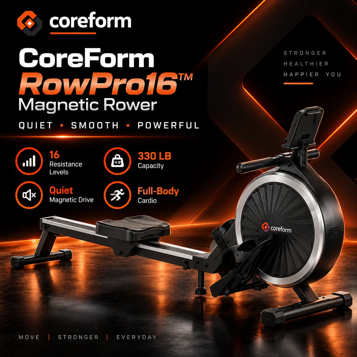 CoreForm RowPro 16™ – Quiet Magnetic Rowing Machine for Home Gym