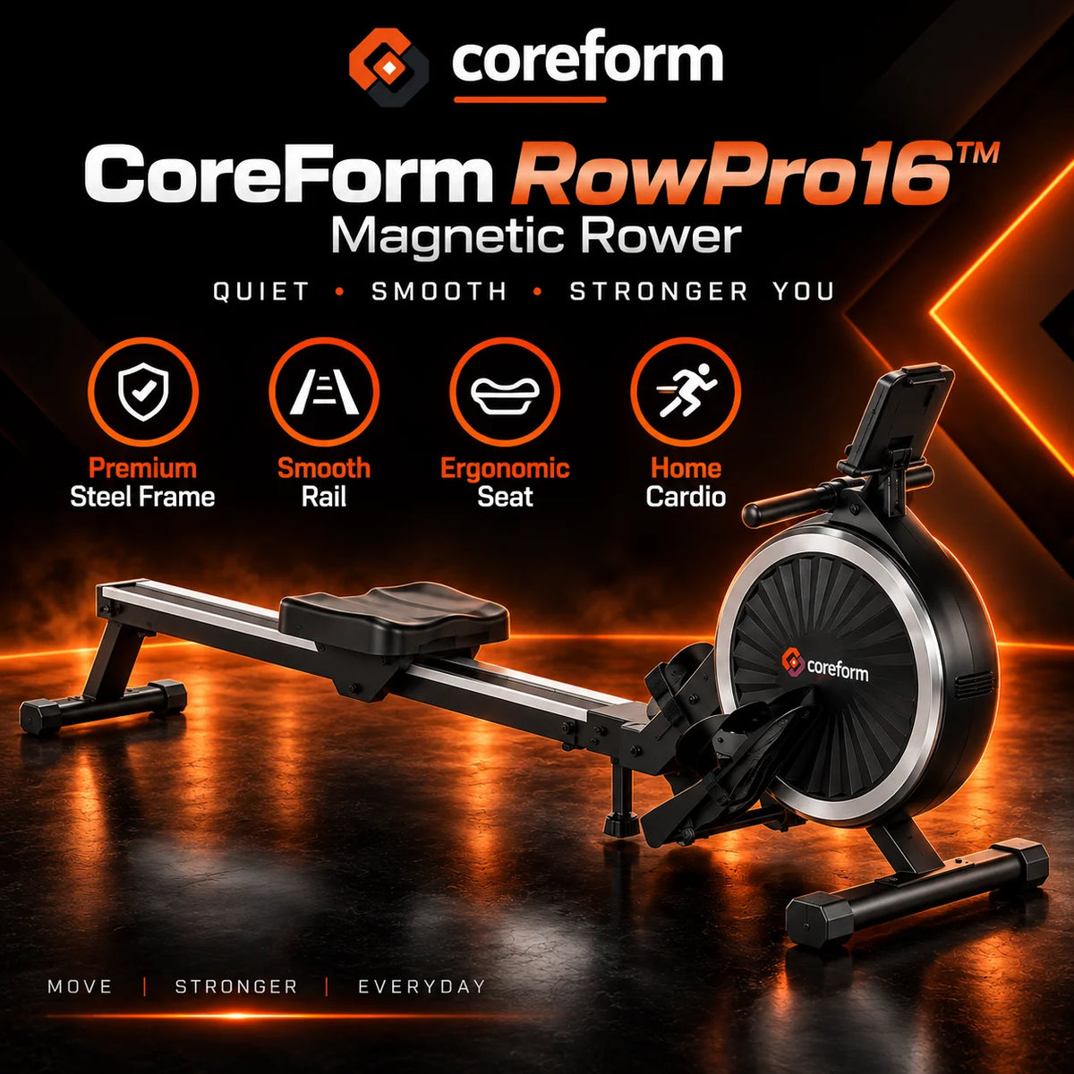 CoreForm RowPro 16™ – Quiet Magnetic Rowing Machine for Home Gym