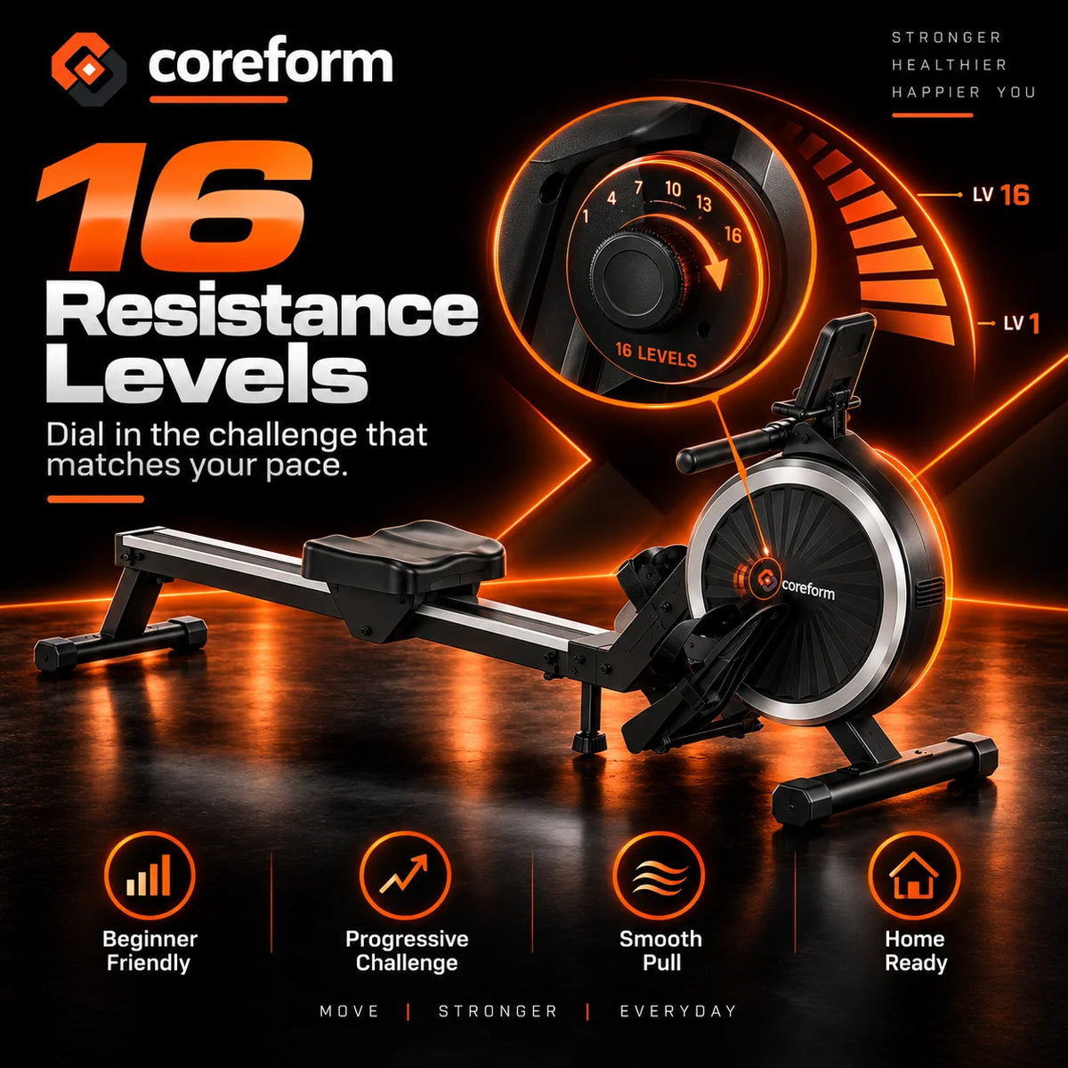 CoreForm RowPro 16™ – Quiet Magnetic Rowing Machine for Home Gym