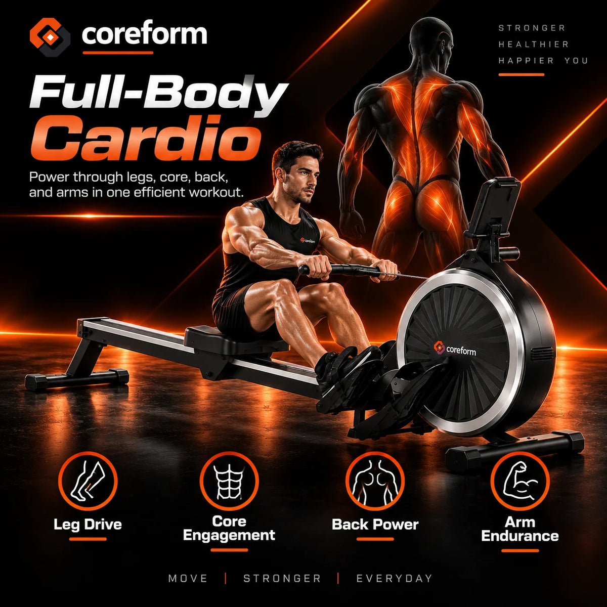 CoreForm RowPro 16™ – Quiet Magnetic Rowing Machine for Home Gym