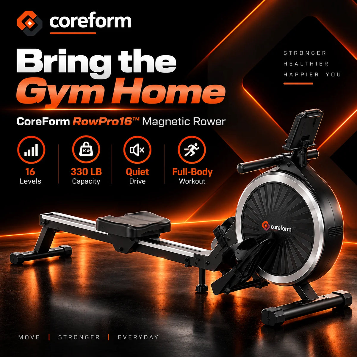 CoreForm RowPro 16™ – Quiet Magnetic Rowing Machine for Home Gym